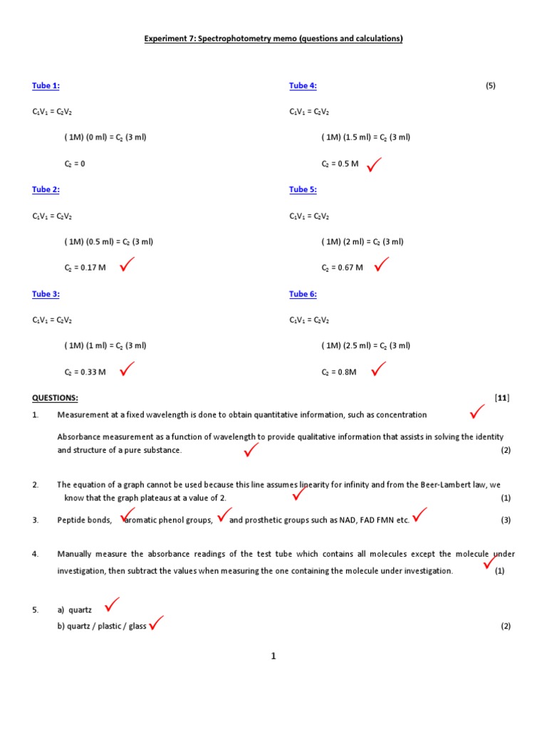 Exp 7 Spectrophotometry (Memo) Questions and Calculations PDF