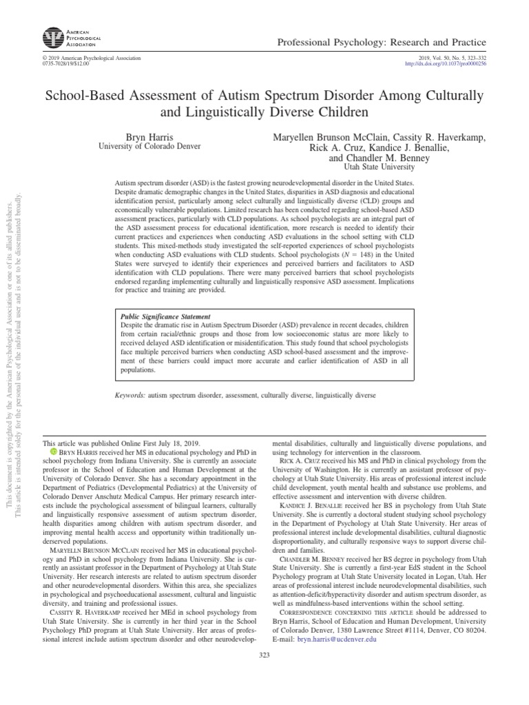 School-Based Assessment of Autism Spectrum Disorder Among Culturally ...
