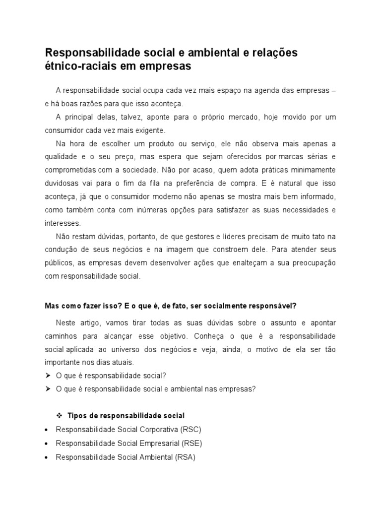 Tipos de Responsabilidade Social Empresarial | PDF | Sociologia ...