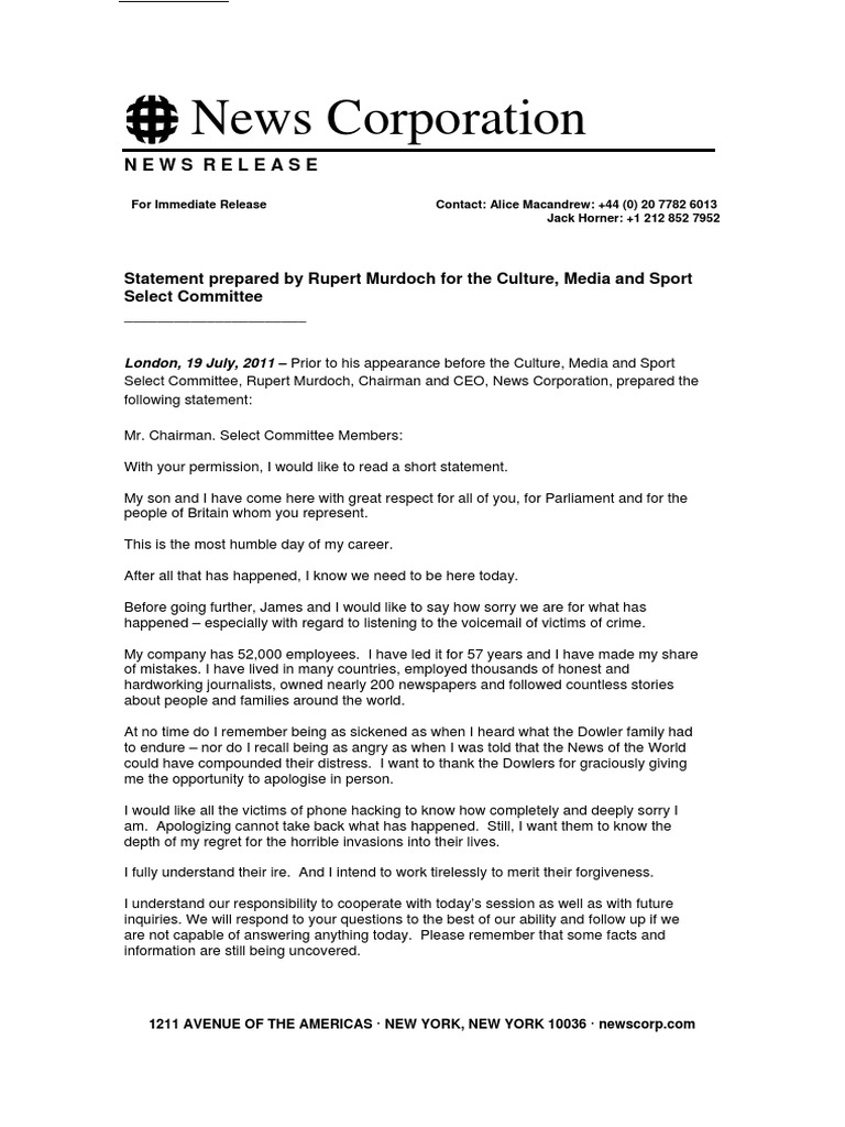 Murdoch's Apology to Select Committee | PDF | News Corporation | Rupert ...