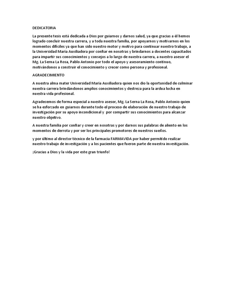 Dedicatoria y Agradecimientos de Tesis | PDF | Salud y bienestar ...