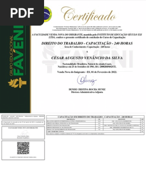 PRT_26_315_013 Certificado de Conclusão de Curso - COM FUNDO (Capacitação) - César Augusto Venâncio Da Silva - DIREITO DO TRABALHO - CAPACITAÇÃO - 240 HORAS