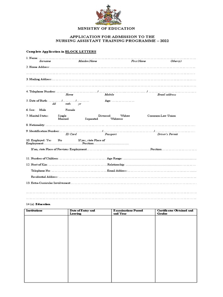 2022 Nursing Assistant Training Programme Application Form 1 PDF