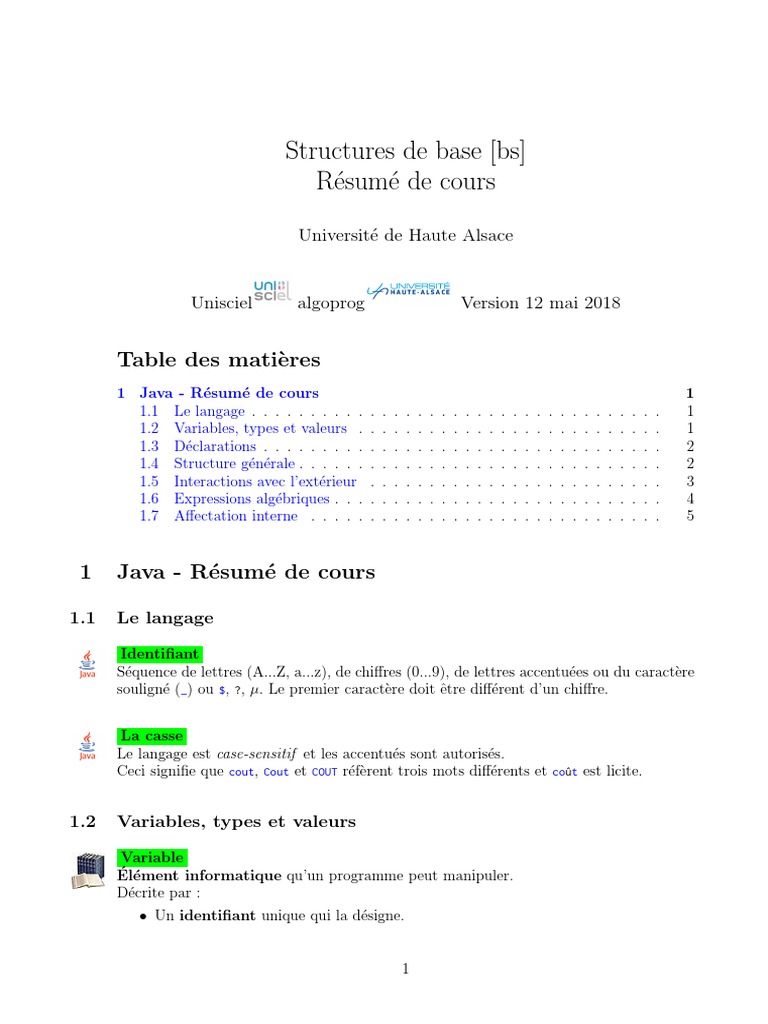 Résumé des structures de base en Java | PDF | Variable (informatique ...