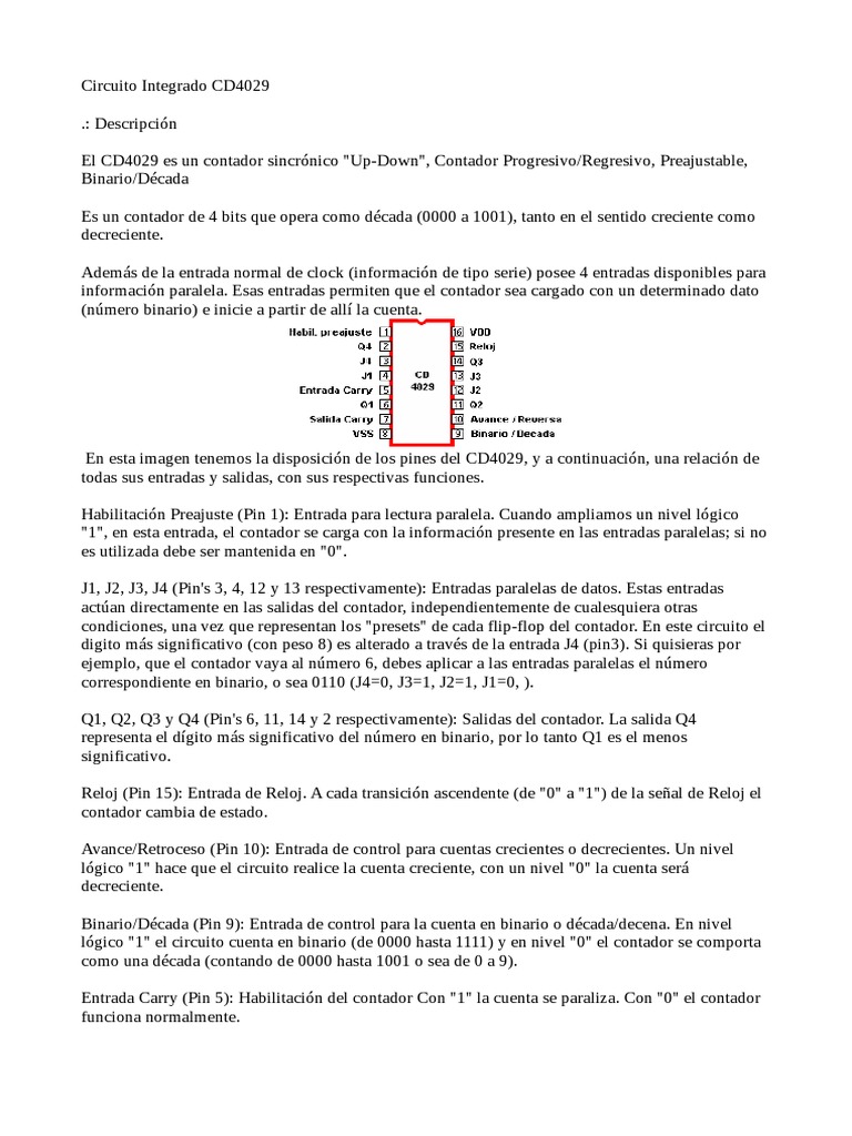 Contador Sincrónico CD4029: Especificaciones | PDF | Ingenieria ...