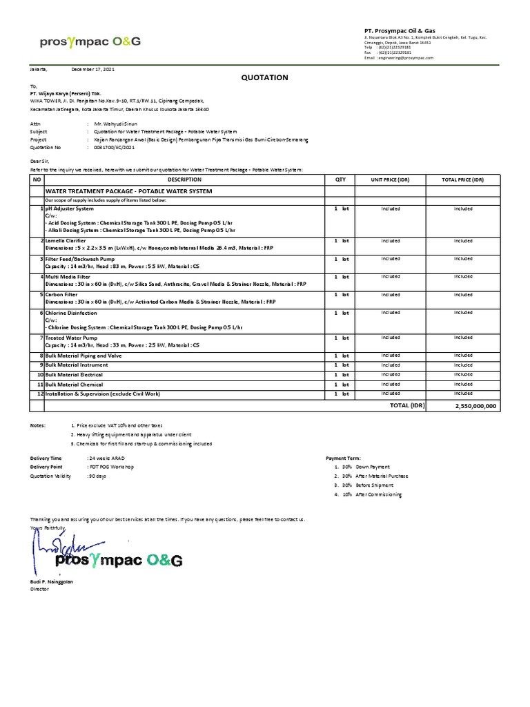 Quotation Water Treatment Package Potable Water System PDF