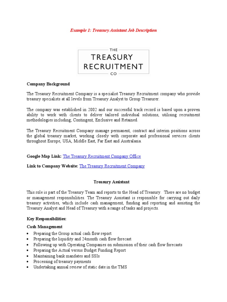 TTRC Job Spec Examples Treasury Assistant PDF Banks Market Liquidity