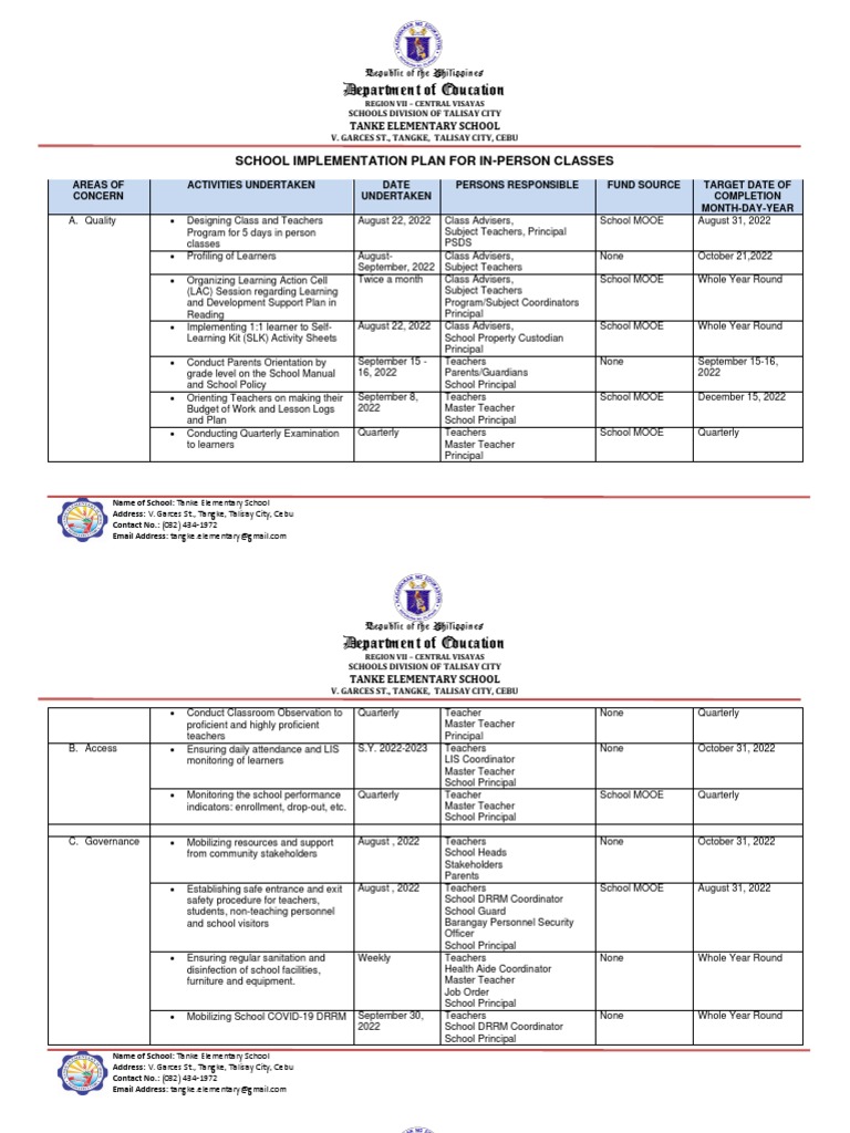 Tanke Es School Implementation Plan For In Person Classes Pdf