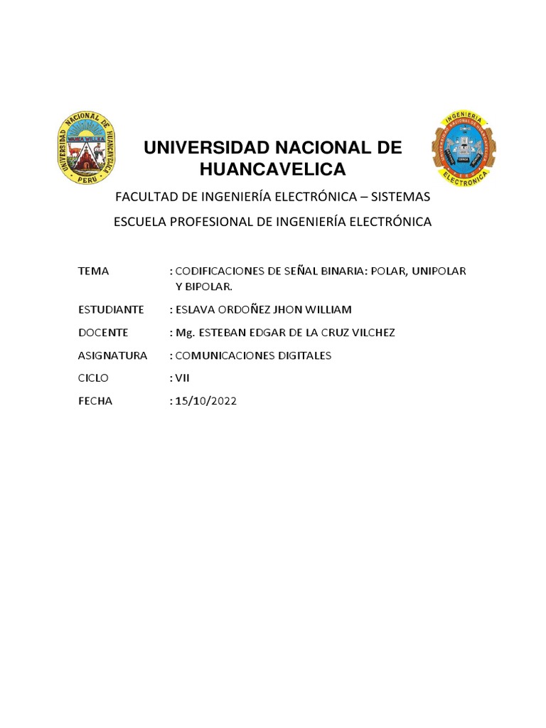 CODIFICION DE SEÑALES BINARIOS, POLAR, UNIPOLAR Y BIPOLAR PDF