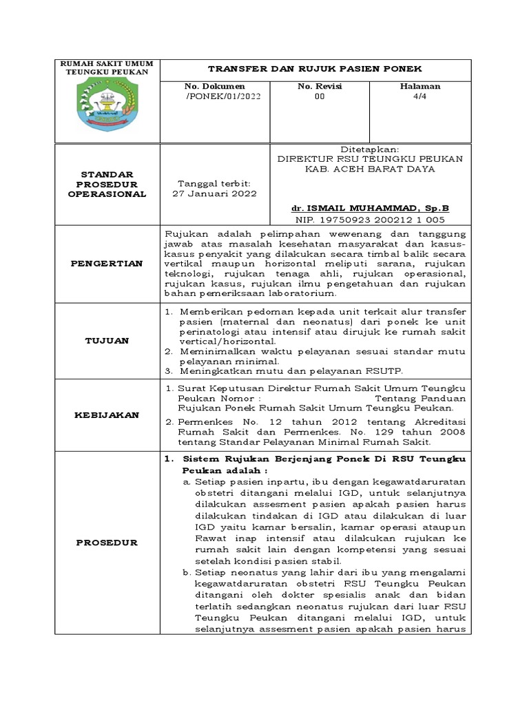 Sop Transfer Dan Rujuk Pasien Ponek | PDF