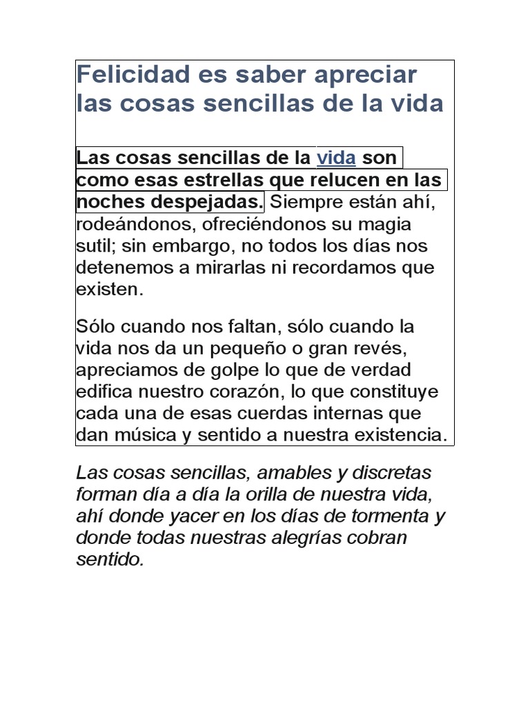 Felicidad Es Saber Apreciar Las Cosas Sencillas de La Vida | PDF ...