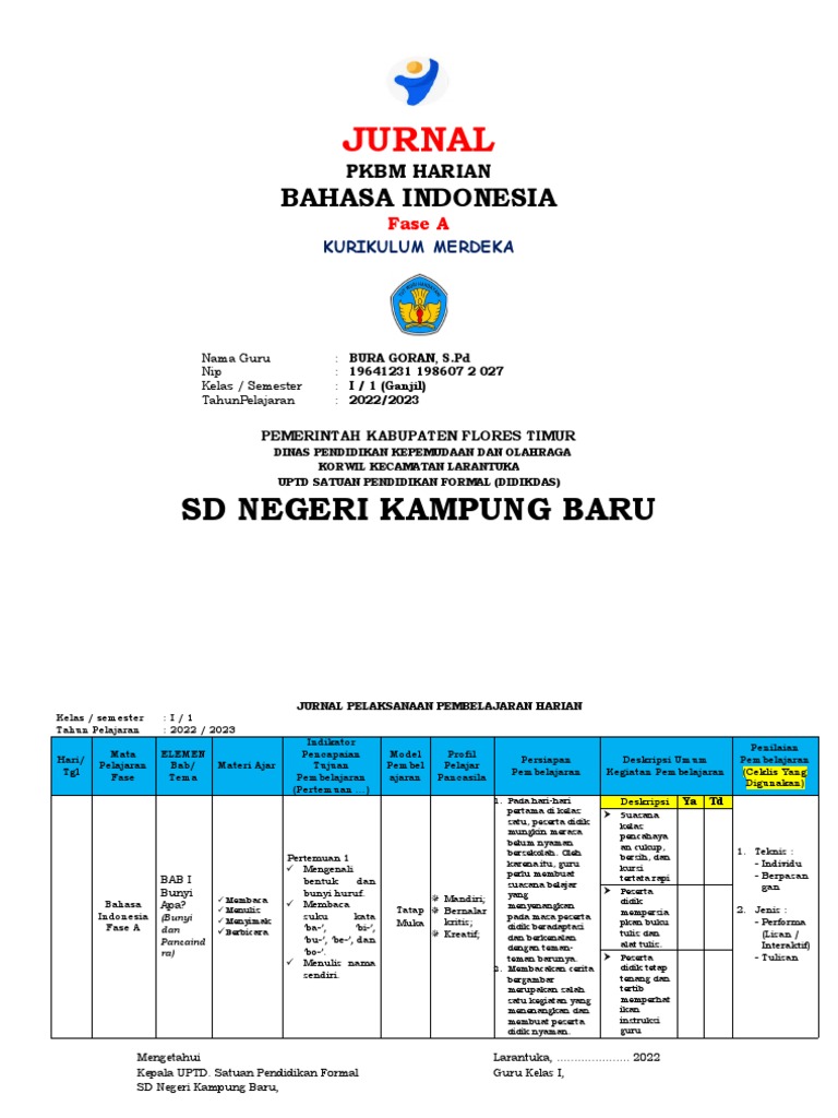 Jurnal Harian Kurikulum Merdeka Mapel Bindo Kelas 1 | PDF