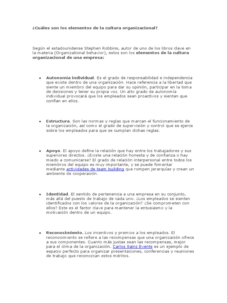 Elementos de la Cultura Organizacional | PDF | Cultura organizacional ...