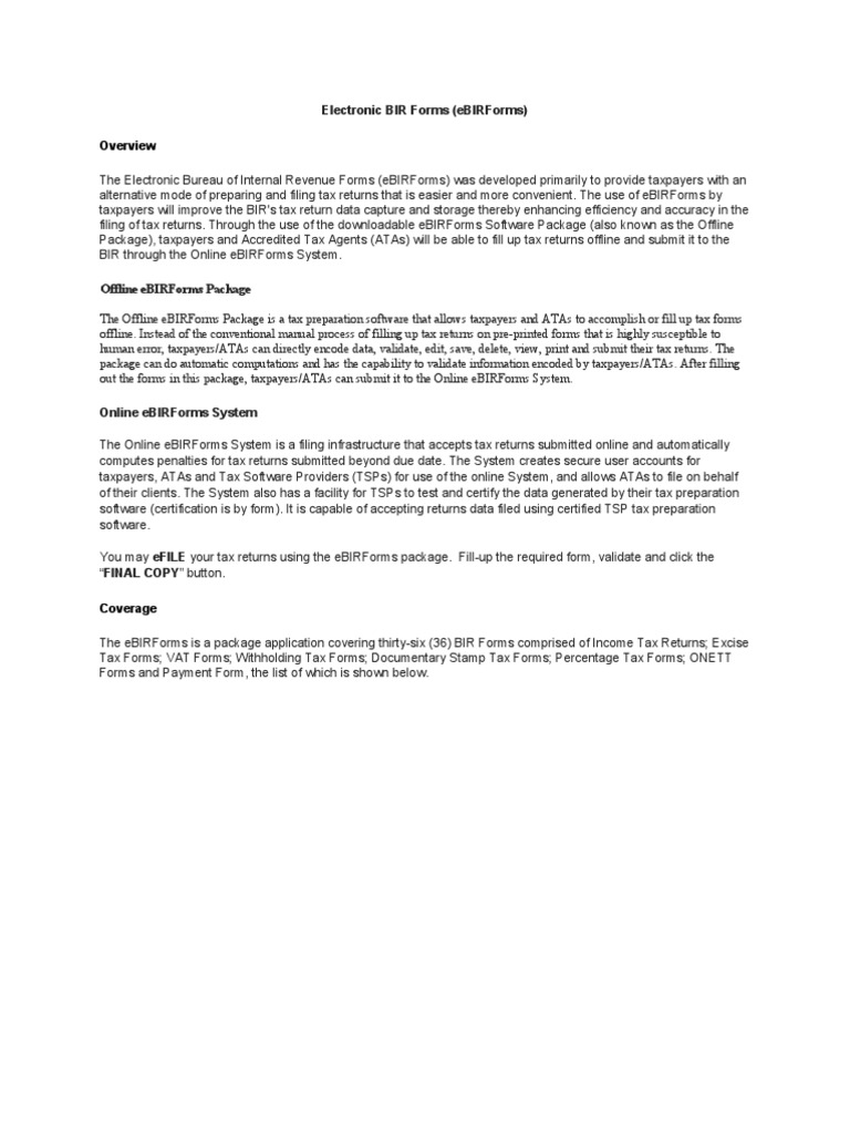eBIRForms: Efficient Tax Filing Solution | PDF