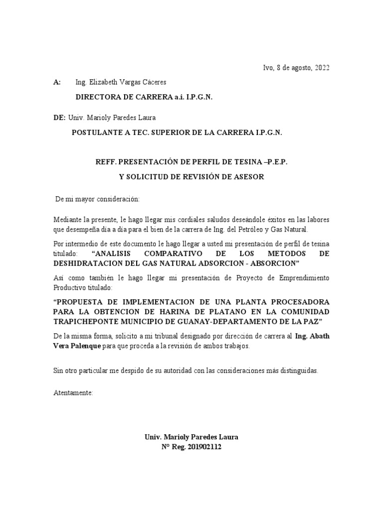 Carta de Presentacion de Perfiles A Direccion Marioly | PDF