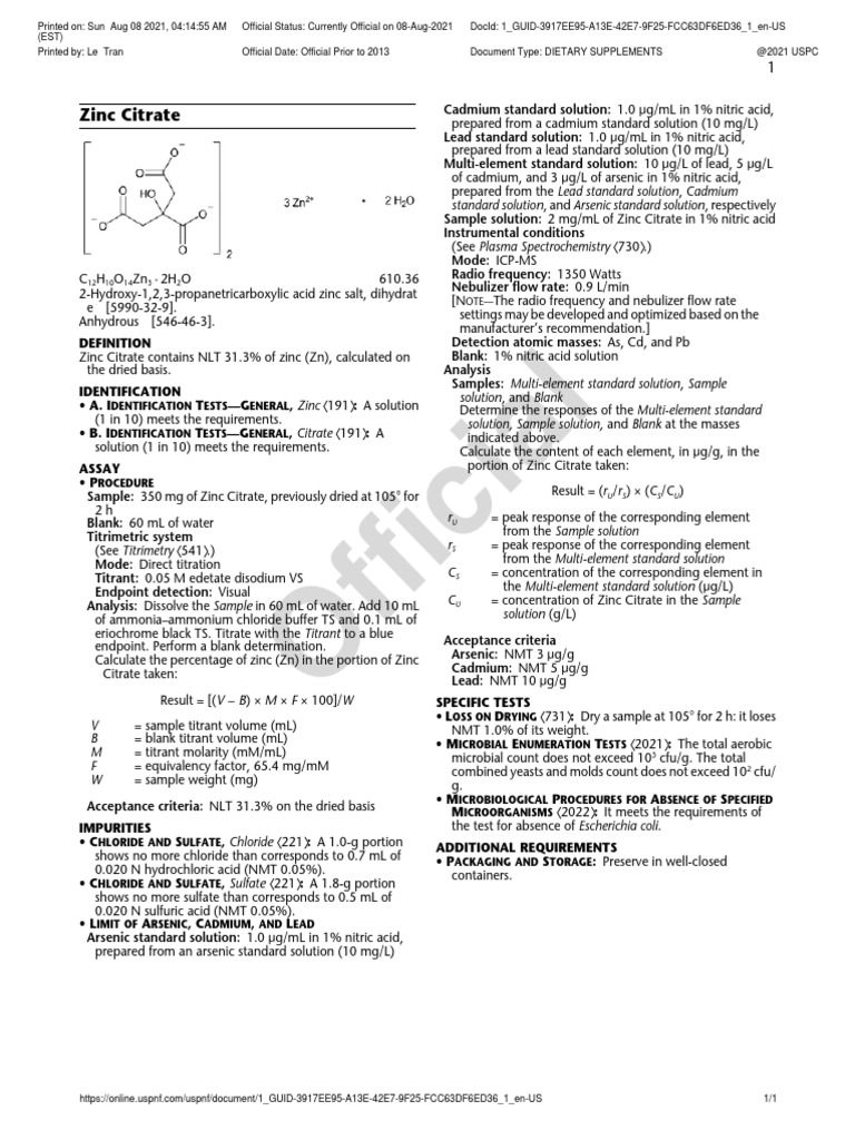 Zinc Citrate PDF Titration Chemistry