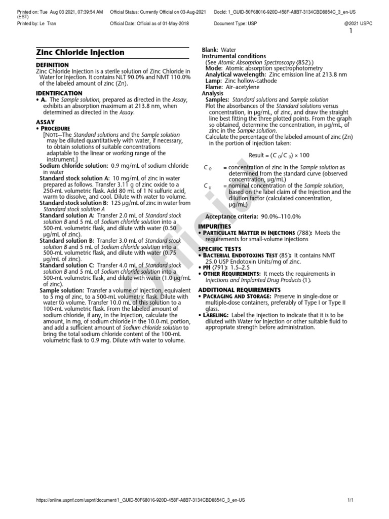 Zinc Chloride Injection PDF Absorption Spectroscopy Atomic