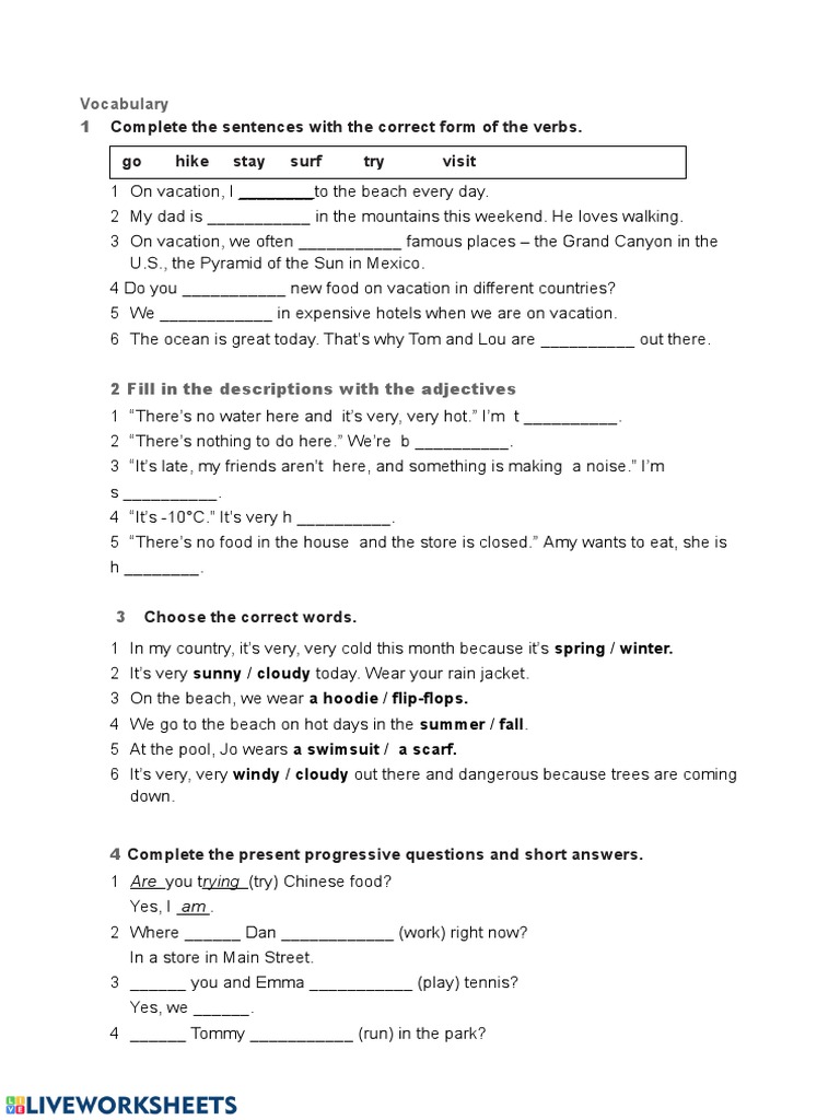 Complete The Sentences With The Correct Form of The Verbs. Go Hike Stay Surf Try Visit PDF