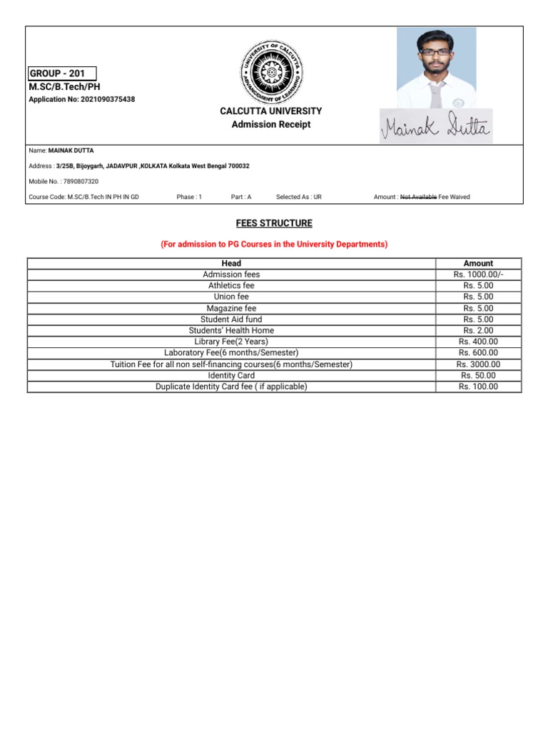 Cu msc admission receipt pdf pdf
