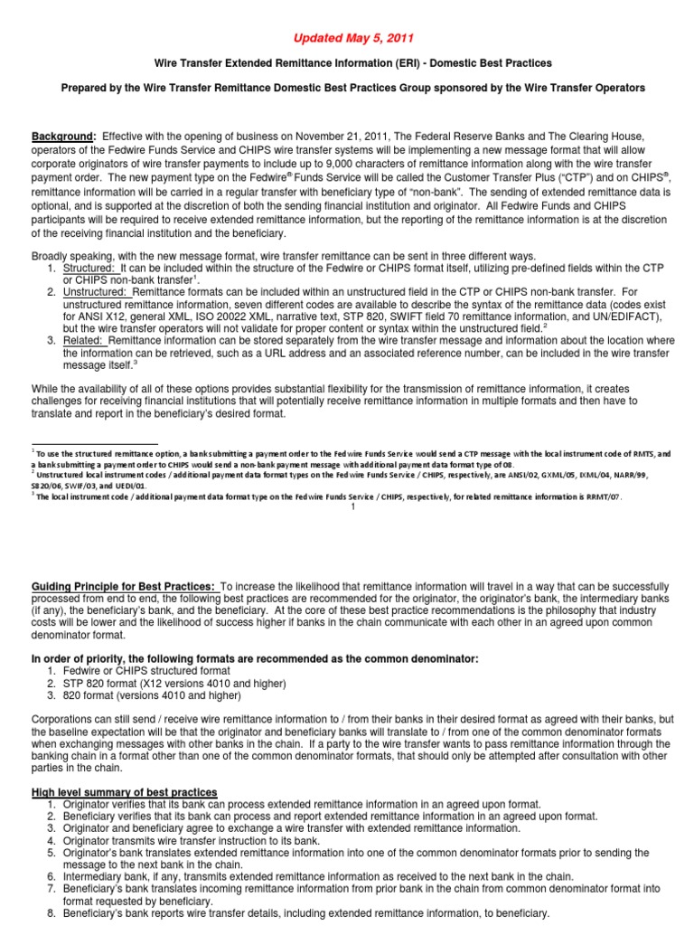 Wire Remittance Domestic Best Practices Wire Transfer Remittance