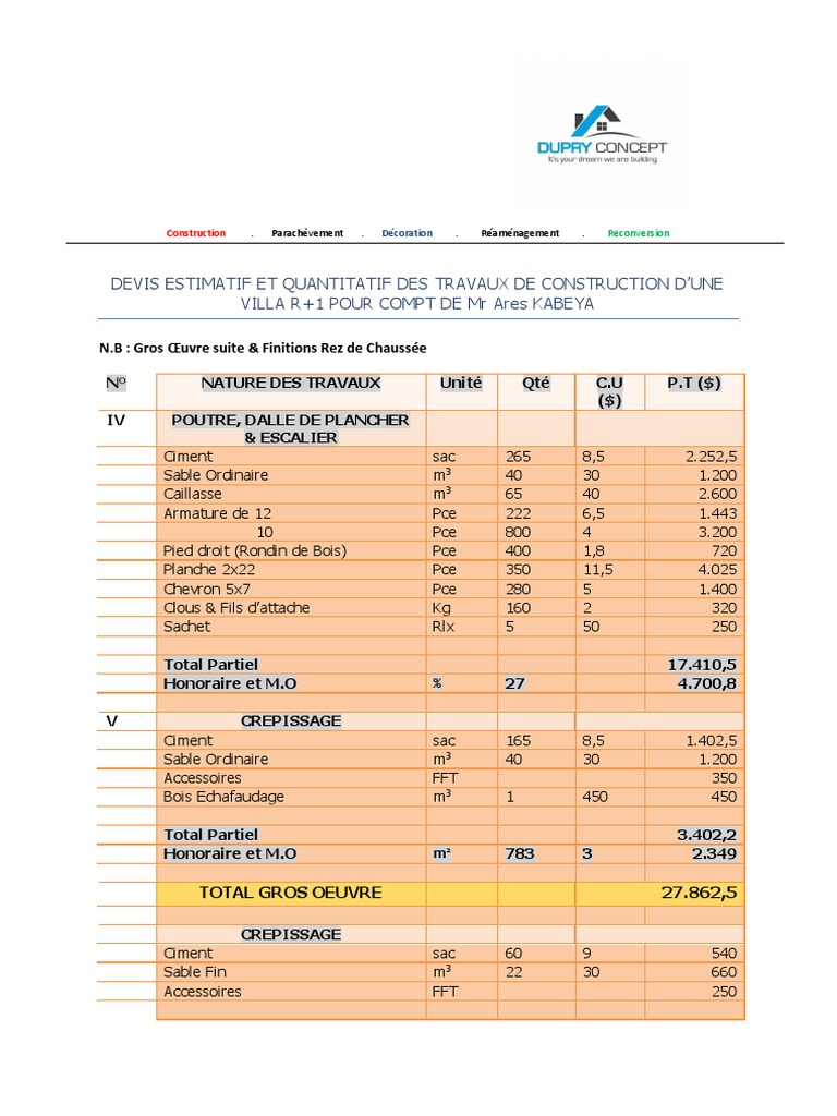 Devis travaux construction villa R+1 | PDF | Bâtiment (construction ...