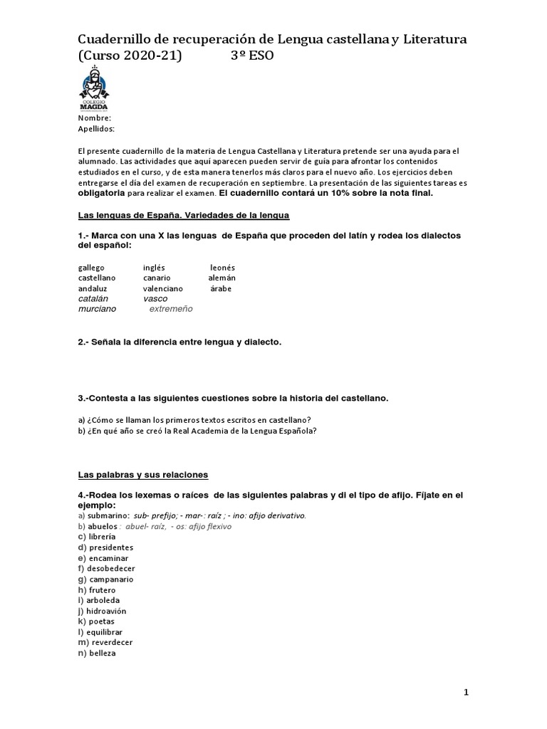 Cuadernillo de Recuperacion de Lengua y Literatura | PDF | Don Quijote ...