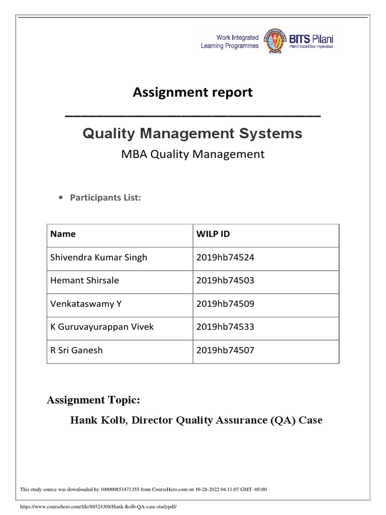 Hank Kolb's Quality Management Case Study | PDF | Quality Management ...