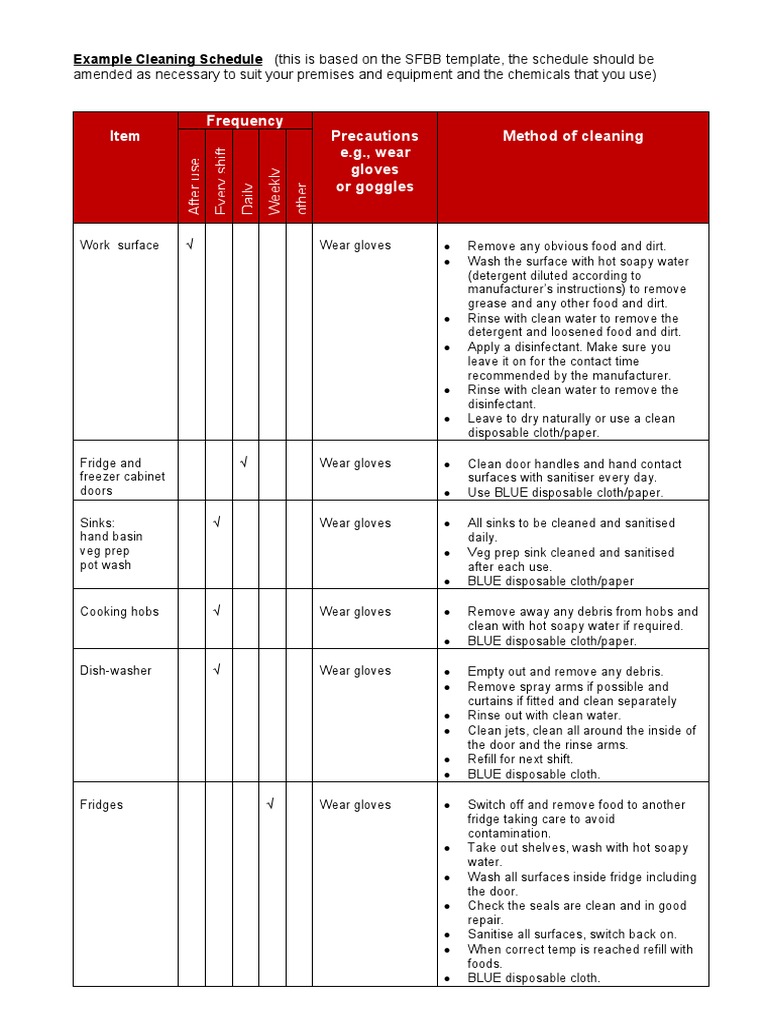 Hygiene Cleaning Schedule Template | PDF | Dishwasher | Manufactured Goods