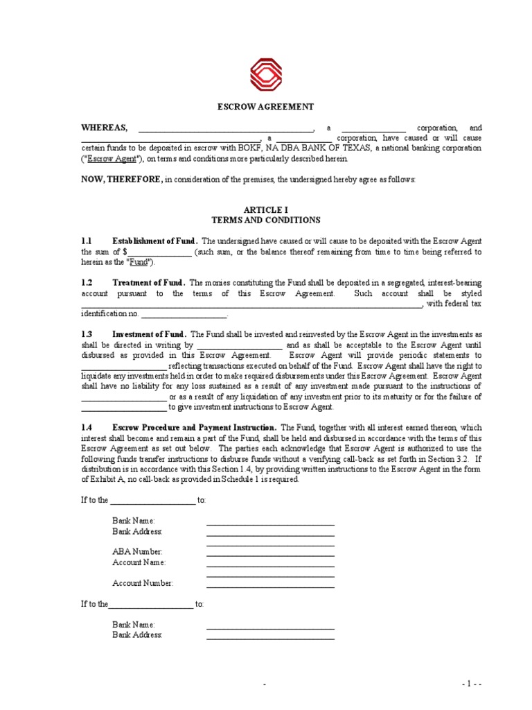 Standard Escrow Agreement TX PDF Indemnity Civil Law (Legal System)