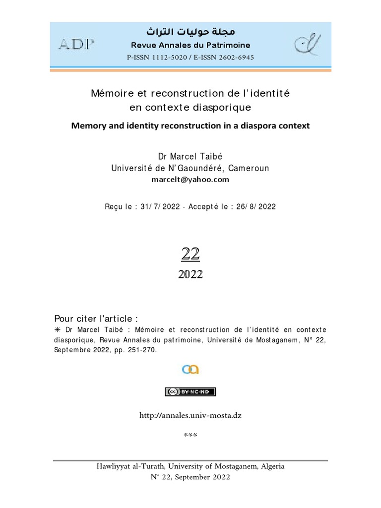 DR Marcel Taibé, Mémoire Et Reconstruction de L'identité en Contexte ...
