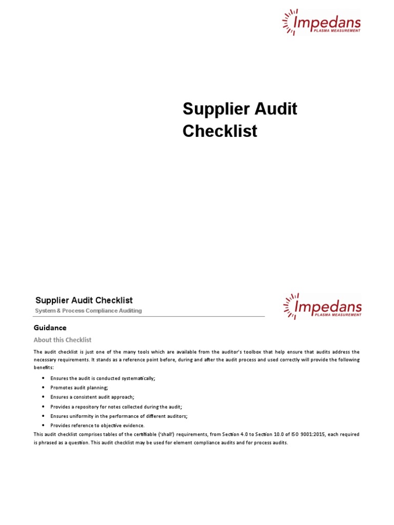 Supplier Audit Checklist PDF Audit Verification And Validation