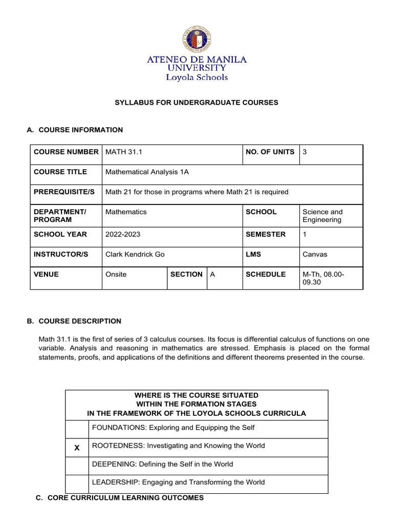 Math 31.1: Differential Calculus Syllabus | PDF | Mathematics | Derivative