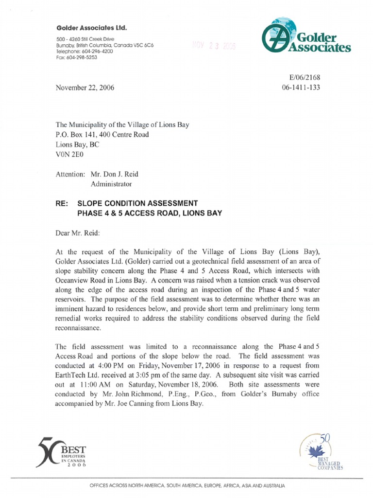 Golder Report - Slope Condition Assessment Nov 2006 | PDF