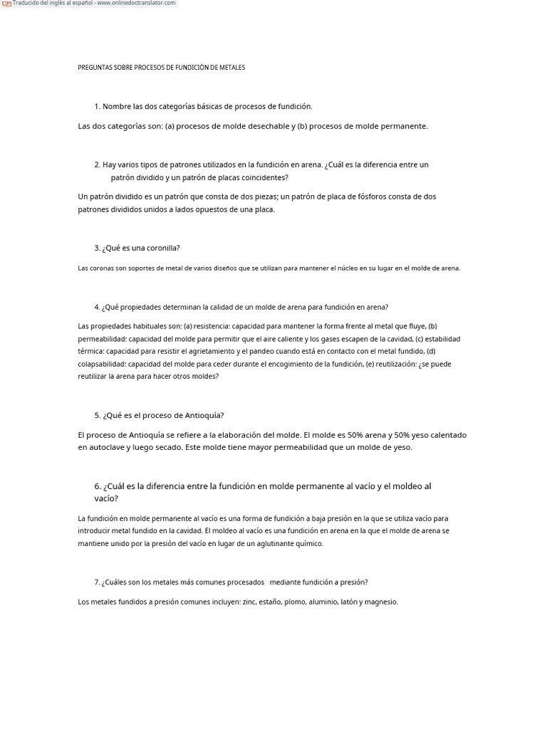 (Español) QUESTIONS ON METAL CASTING PROCESSES (brief questions with