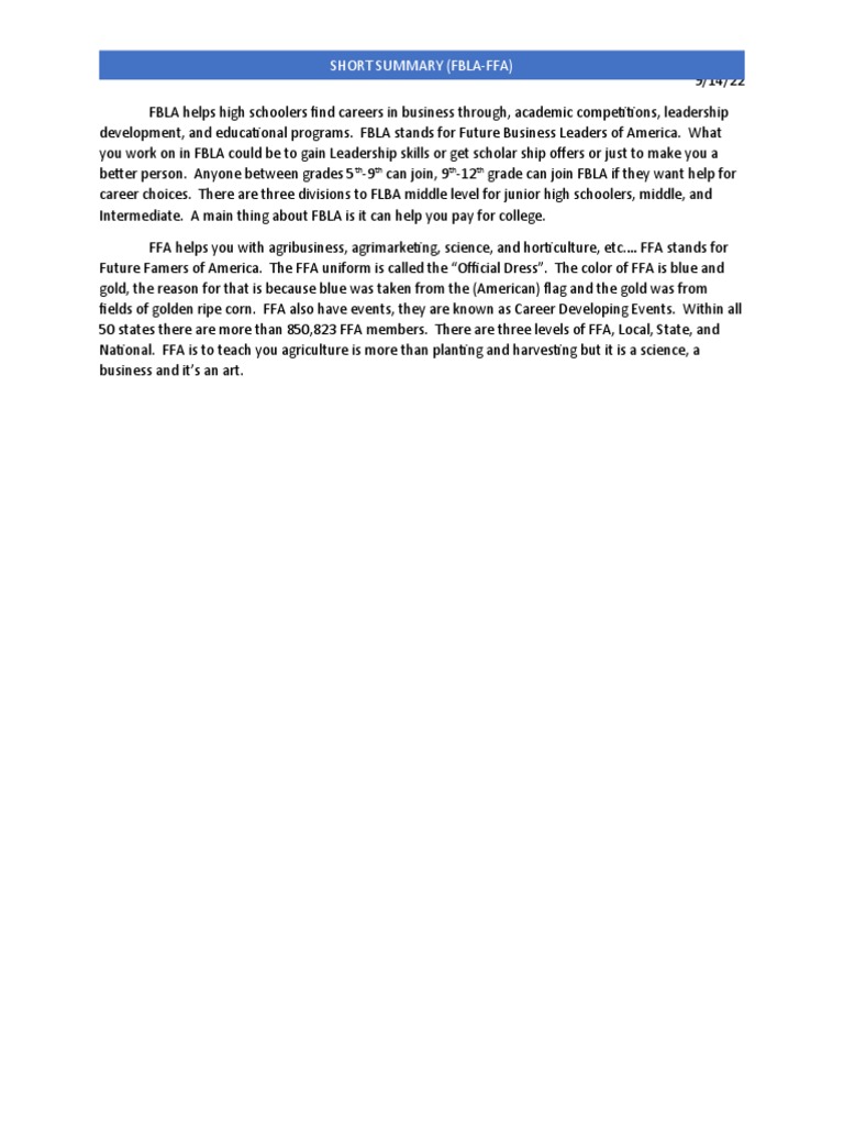 Fbla-Ffa Short Summary | PDF