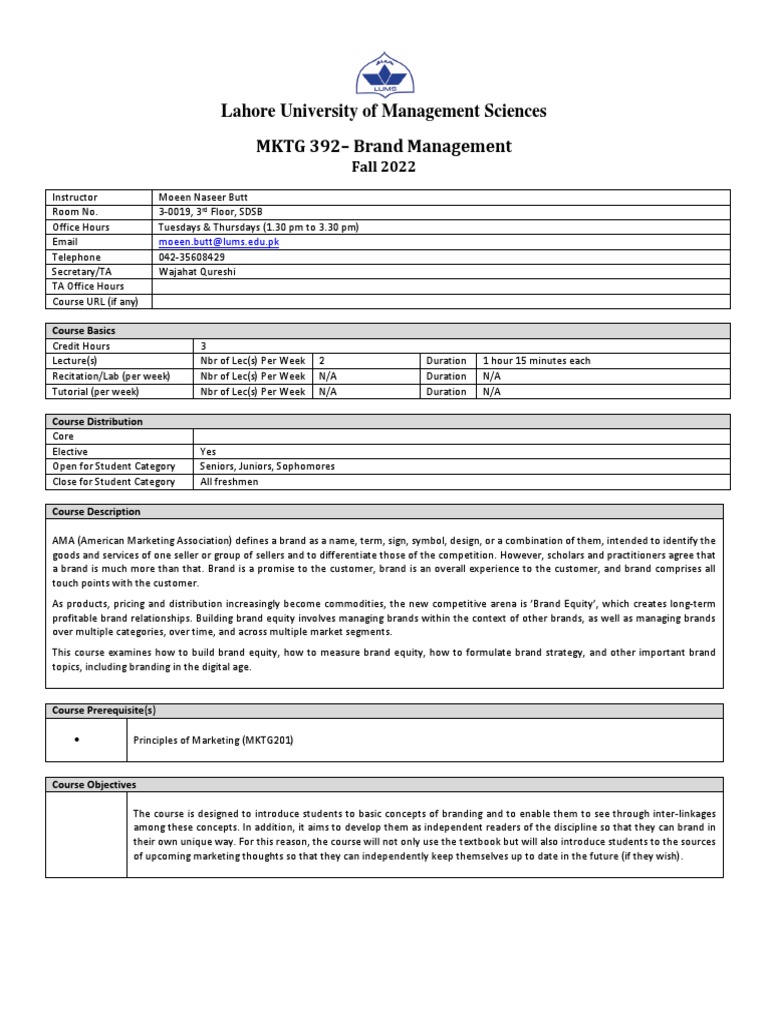 MKTG 392 - Brand Management - Section 1 - Moeen Naseer Butt | PDF ...