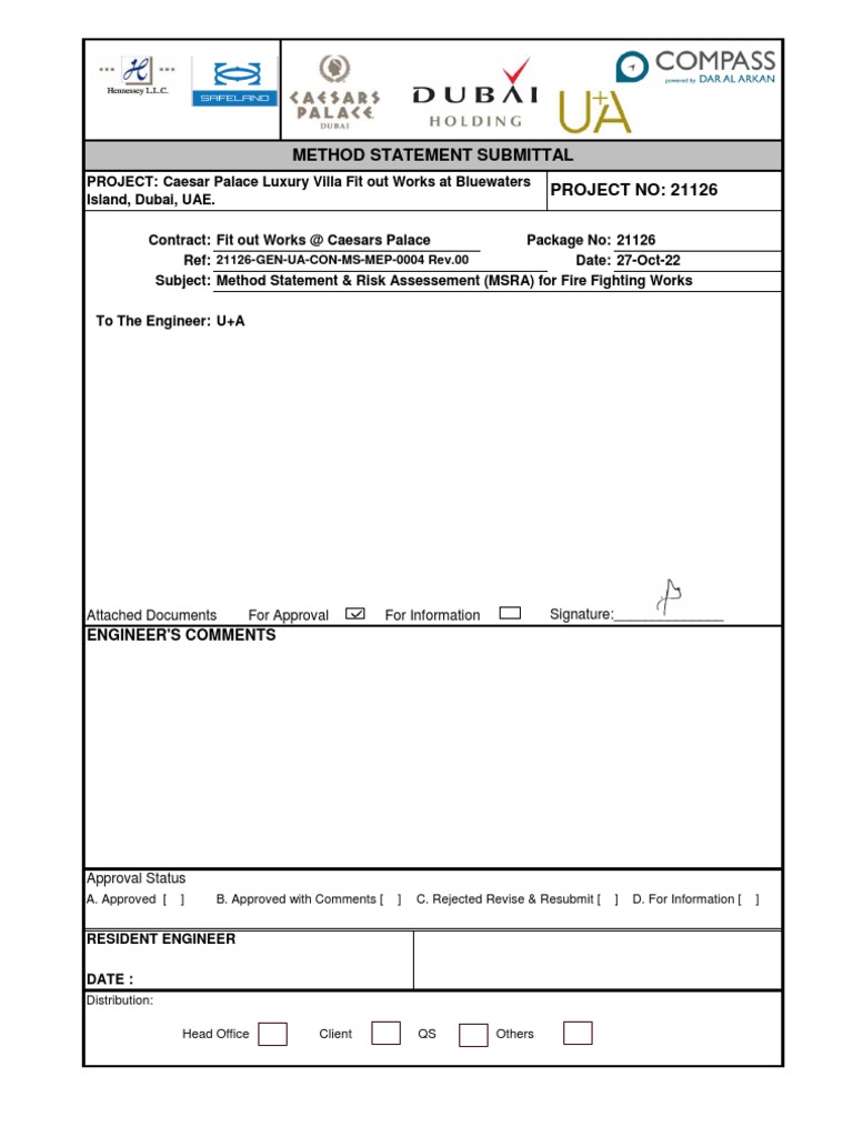Fire Fighting System Method Statement | PDF | Pipe (Fluid Conveyance ...