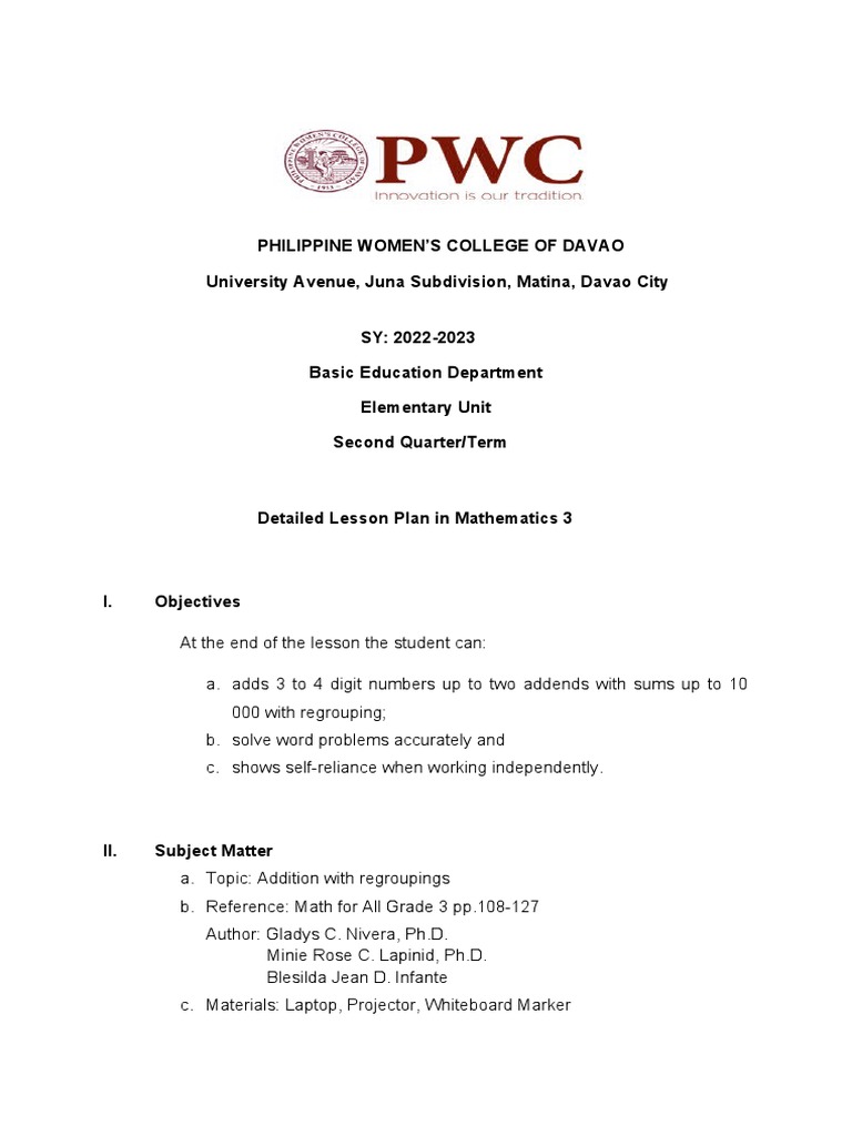 Detailed Lesson Plan In Mathematics 3 Pdf Teachers Lesson Plan