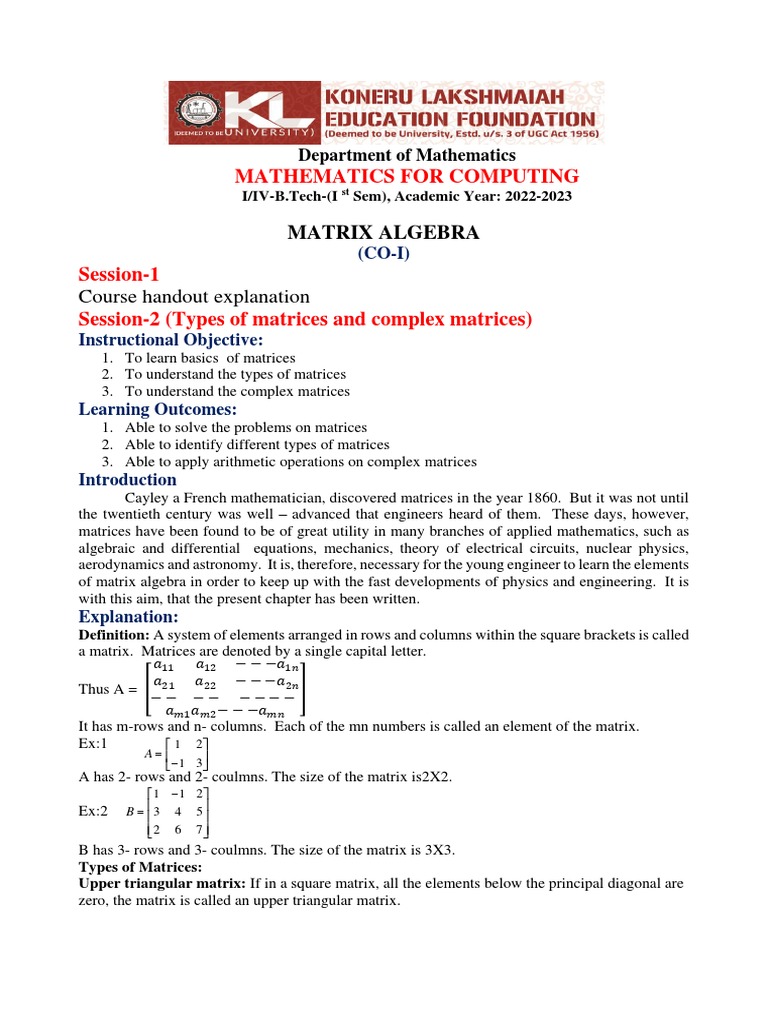 Matrix Algebra and Complex Matrices | PDF | Matrix (Mathematics ...