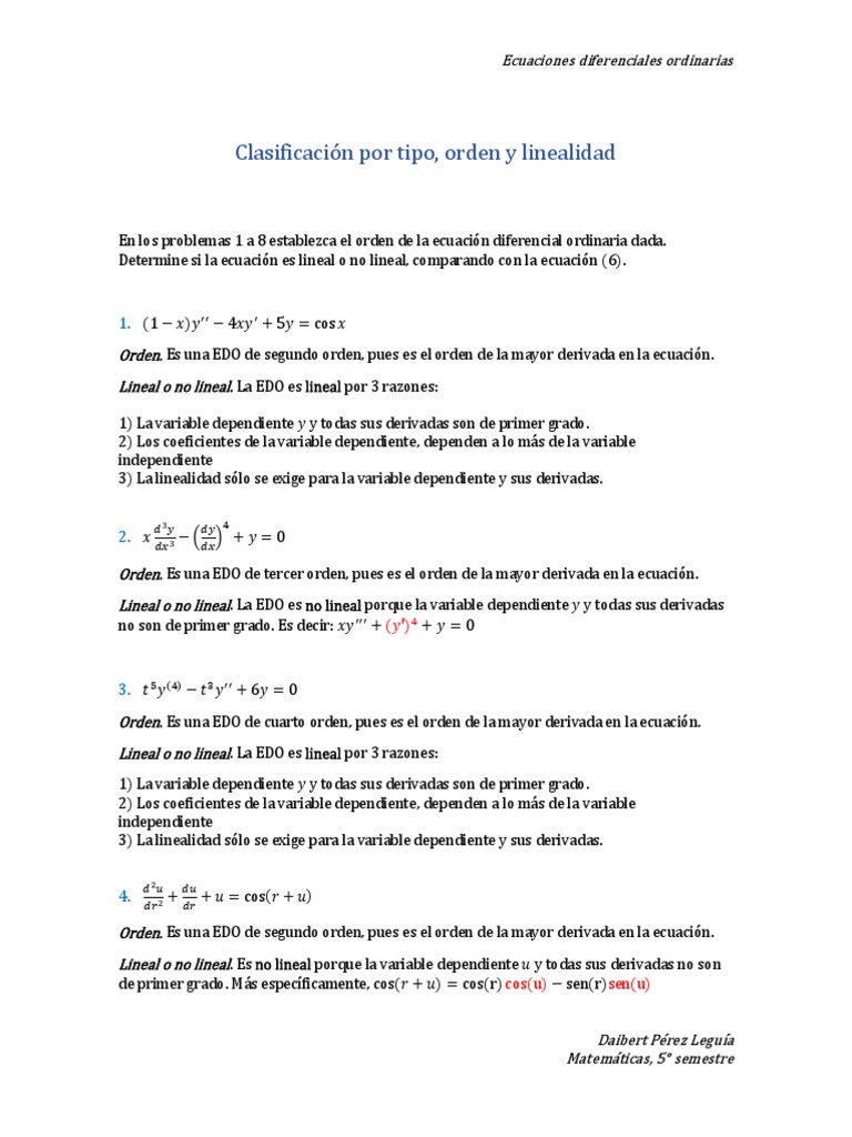 Actividad 1. EDO. Clasificación Por Tipo, Orden y Linealidad PDF