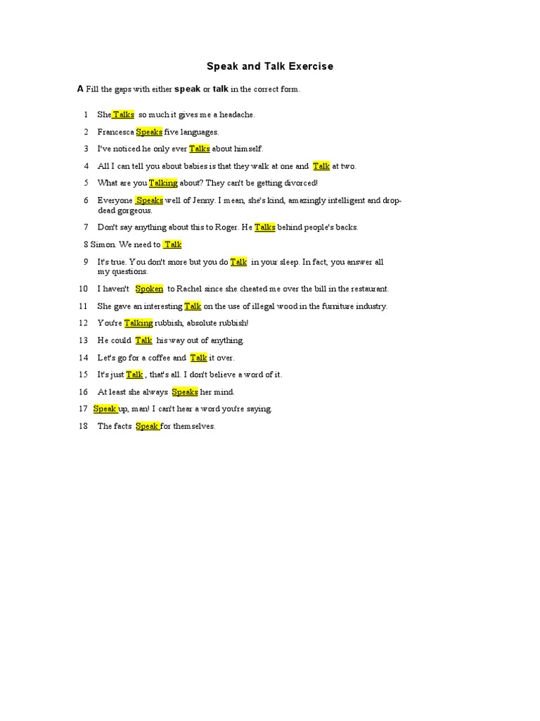 Speak vs. Talk: Exercises and Examples | PDF