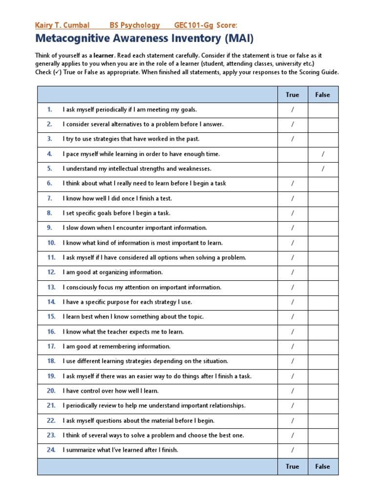 Metacognitive awareness inventory mai pdf reading