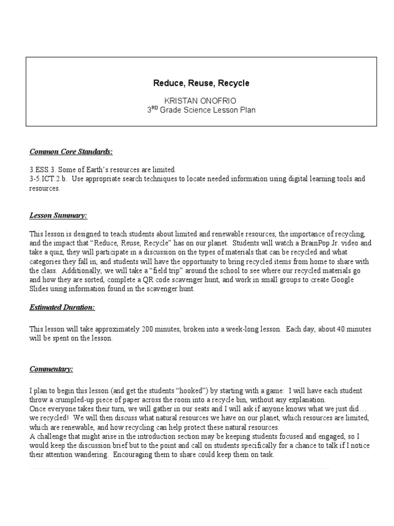 Reduce reuse recycle lesson plan pdf recycling reuse