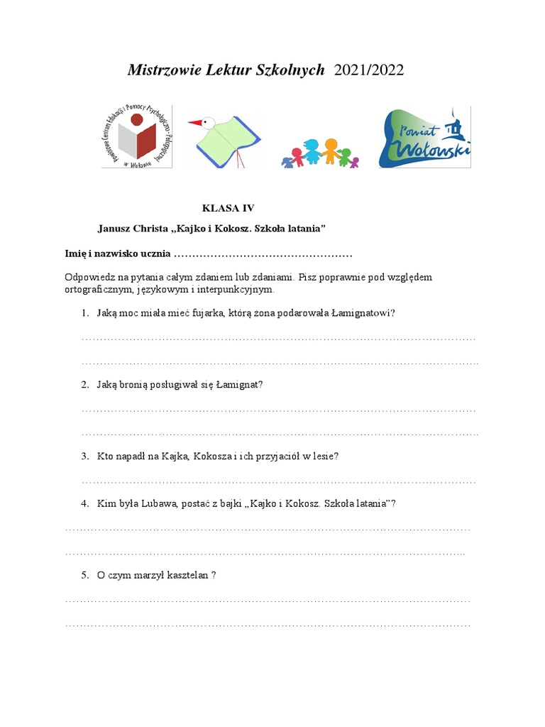 Test Sprawdzający Z Lektury Kajko I Kokosz Szkoła Latania Kajko i kokosz szkoła latania test pdf.