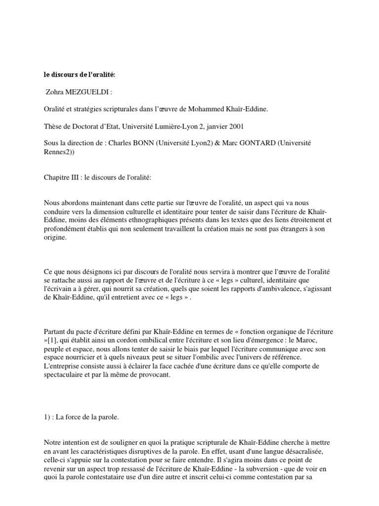 Le Discours de L Oralit  PDF