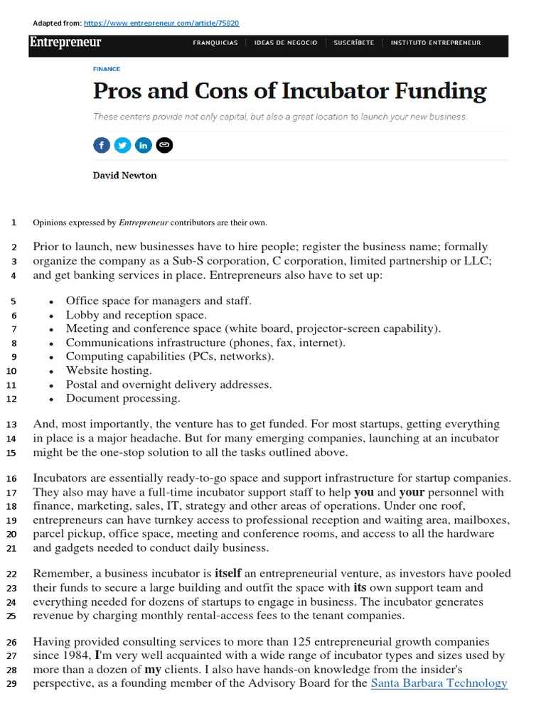 Text 6. Pros Cons Incubator Funding PDF Entrepreneurship Business