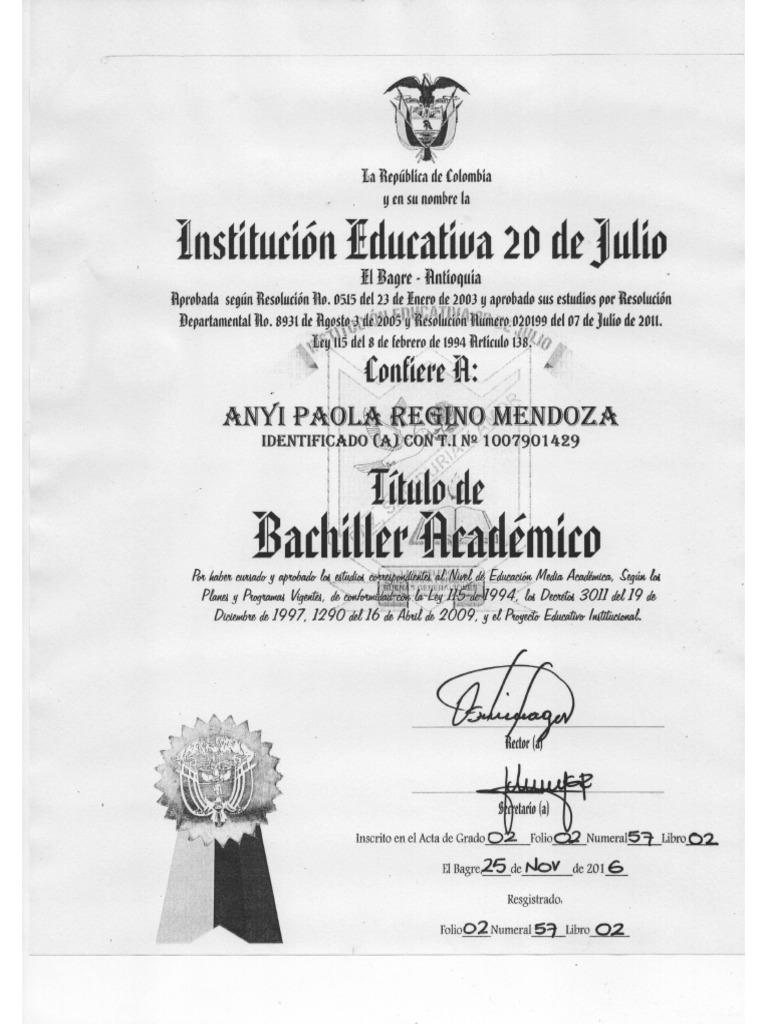 Diploma Bachiller Academico Anyi Regino | PDF