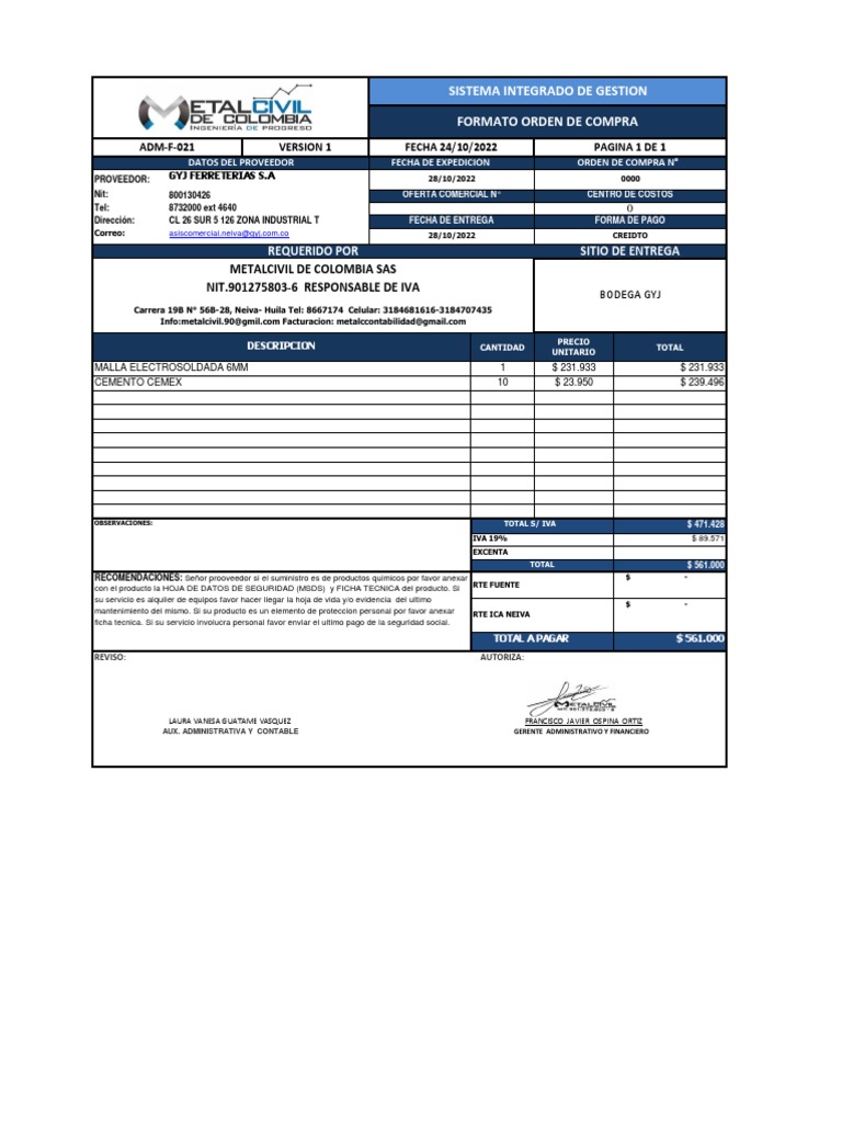 Adm-F-021 Orden de Compra | PDF | Business | Economias