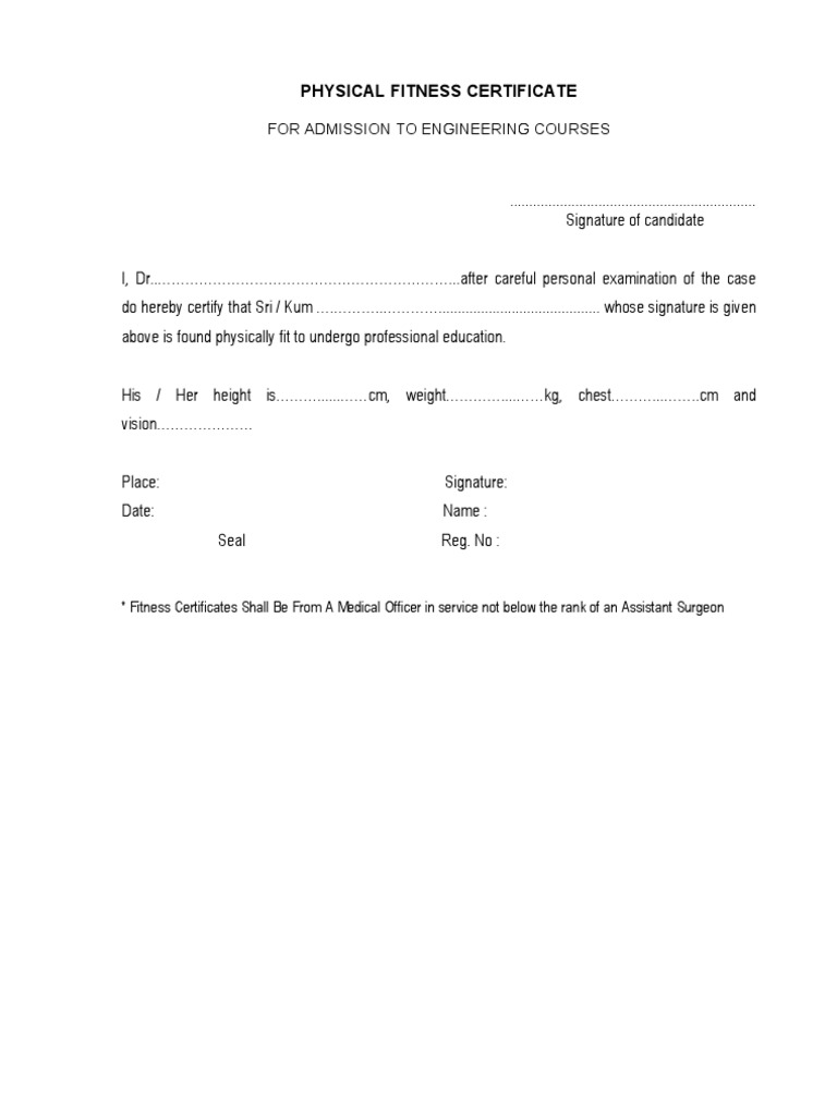 VAS Physical Fitness Certificate Format PDF
