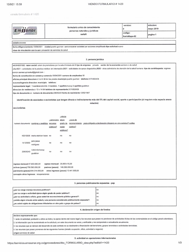 Formulario Sarlaft - UPROSALUD - 15 - 09 - 2021 | PDF